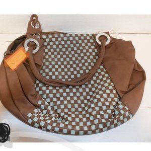 NEW DARK BROWN W SEA GREEN CHECKERED LEATHER SHAGWEAR OVER THE SHOULDER BAG